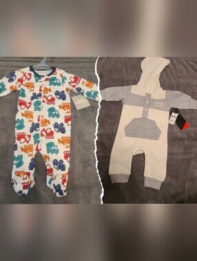 NEW 2-Pc 3-6m Bundle, 1-Pc Footie Onesie w/ Truck Print & Warm 1-Pc Outfit